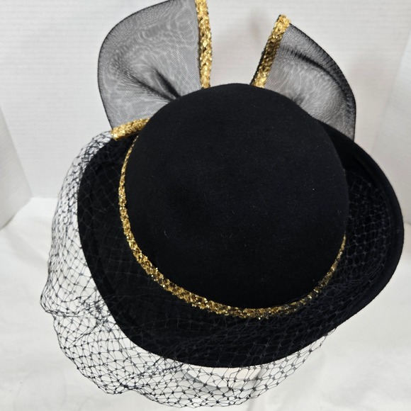 Vintage Mr Charles Black Wool Hat Gold‎ Bow Birdcage Veil Church Derby USA Made main image 5